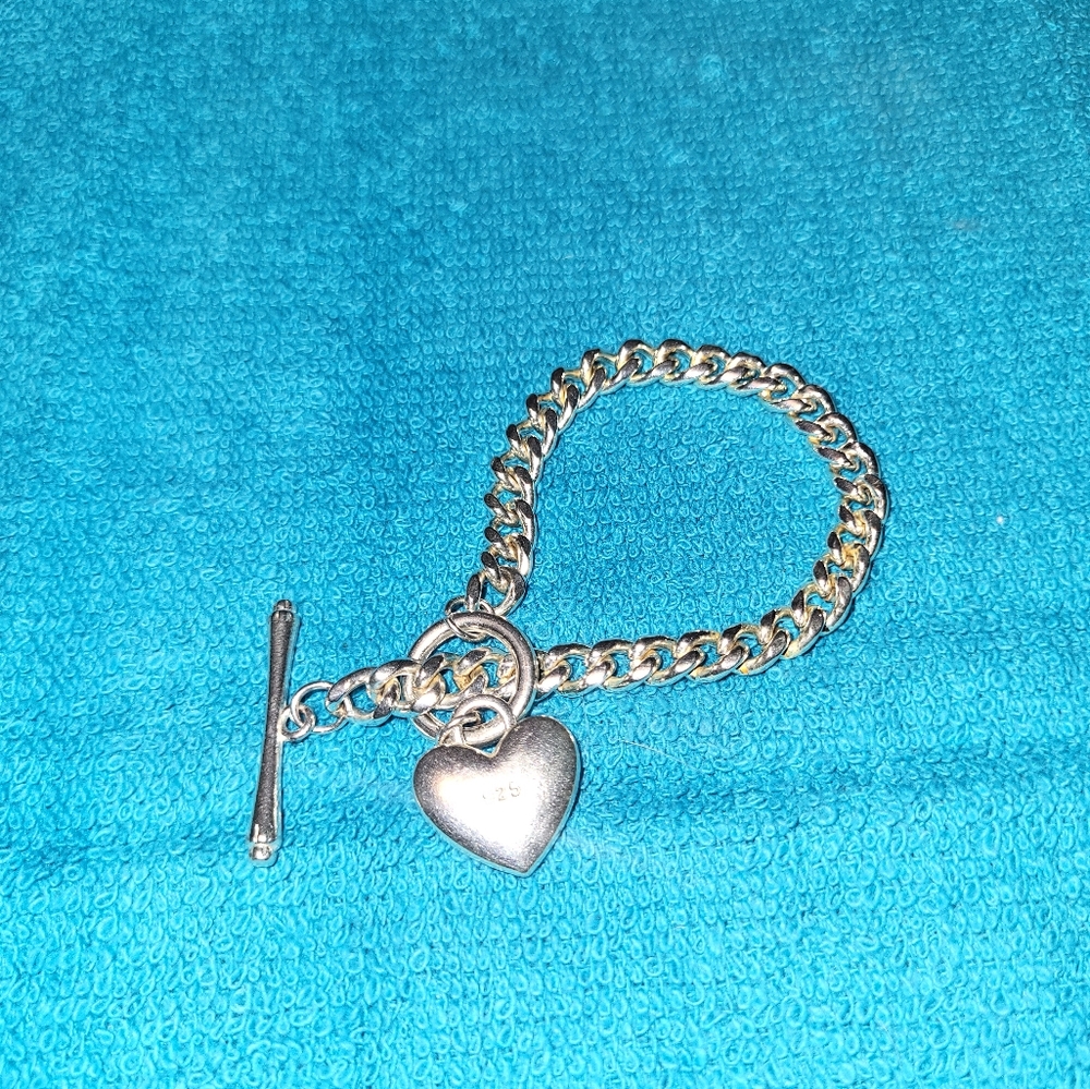 925 Silver link bracelet w/heart pendant, - Picture 2 of 4